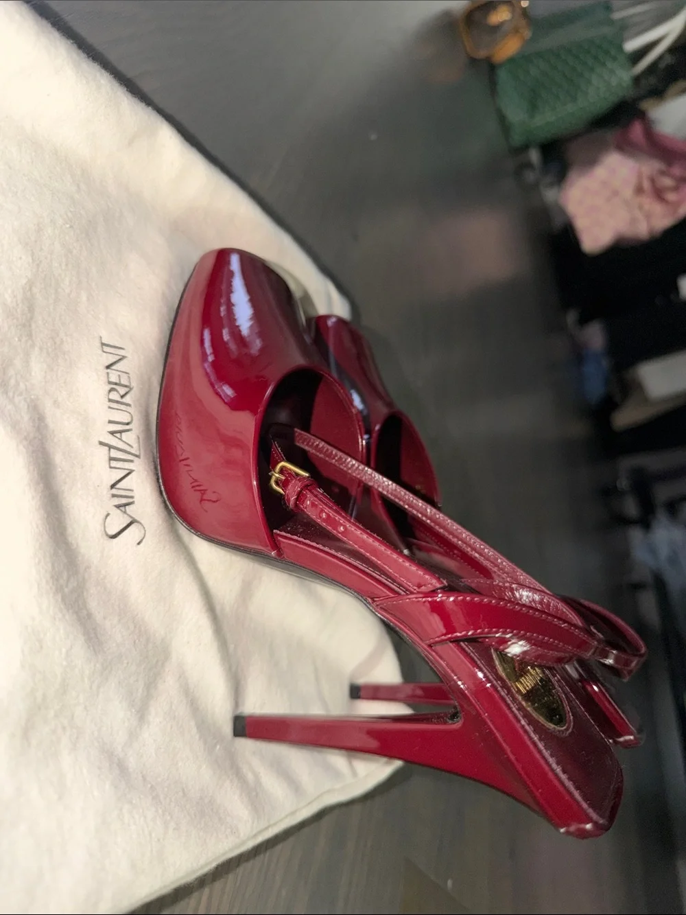 Saint Laurent Red Patent Leather Square-Toe Ankle-Strap Heels - Picture 4 of 4